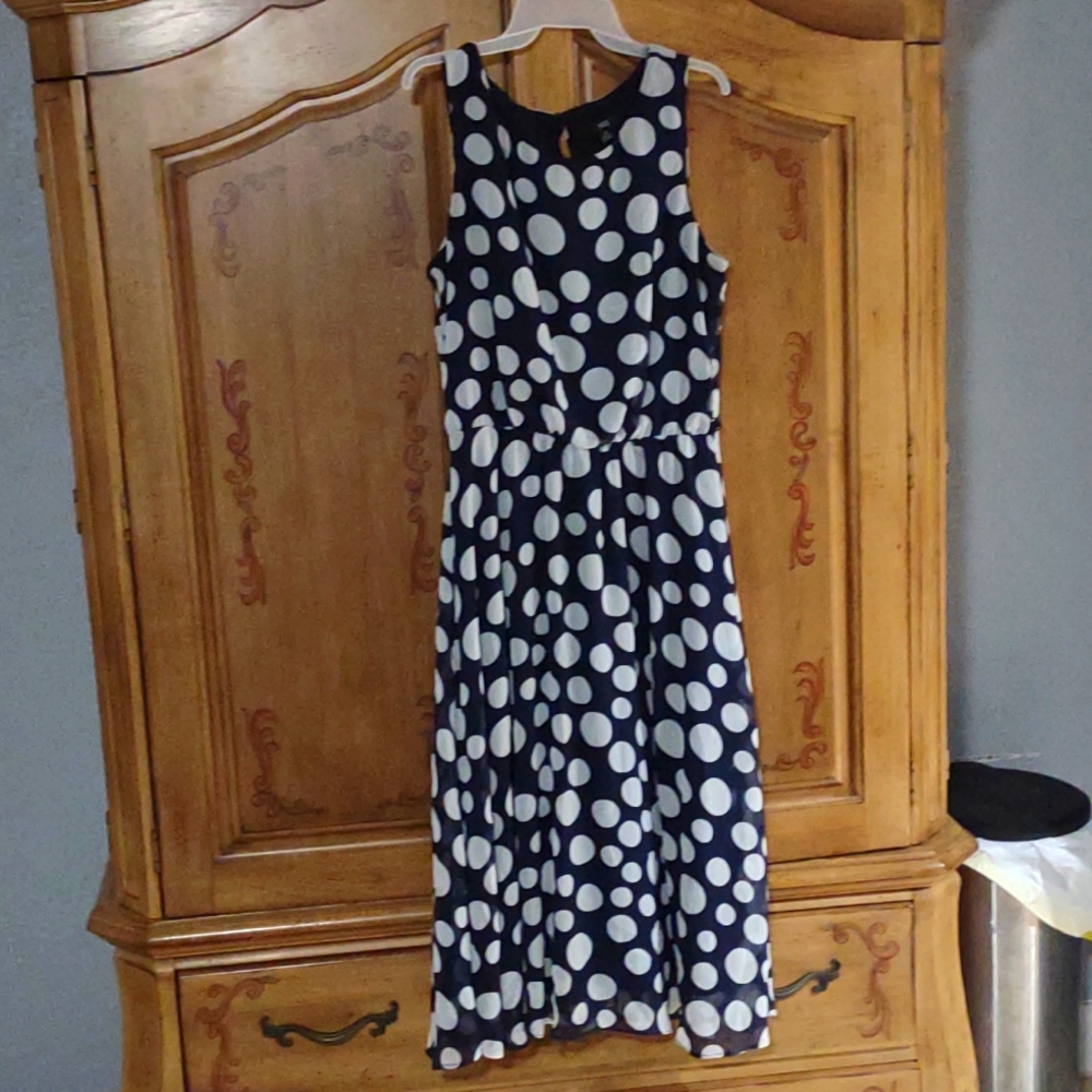 Dark Blue and white Polka Dot sleeveless dress. JBS